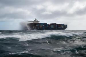 vernield lading schip met containers in stormachtig zee met groot golven. generatief ai foto