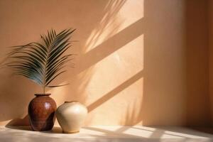 ai gegenereerd binnen- visie met potten en palm bladeren foto