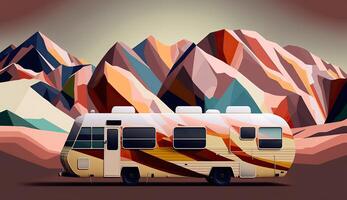 ai gegenereerd. ai generatief. laag poly tekenfilm kind stijl camper rv busje met bergen. kan worden gebruikt voor avontuur inspiratie of decoratie. grafisch kunst foto