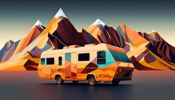 ai gegenereerd. ai generatief. laag poly tekenfilm kind stijl camper rv busje met bergen. kan worden gebruikt voor avontuur inspiratie of decoratie. grafisch kunst foto