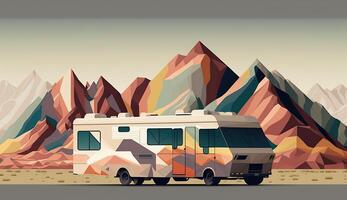 ai gegenereerd. ai generatief. laag poly tekenfilm kind stijl camper rv busje met bergen. kan worden gebruikt voor avontuur inspiratie of decoratie. grafisch kunst foto