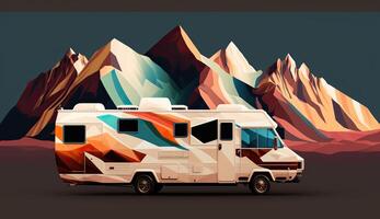 ai gegenereerd. ai generatief. laag poly tekenfilm kind stijl camper rv busje met bergen. kan worden gebruikt voor avontuur inspiratie of decoratie. grafisch kunst foto