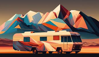 ai gegenereerd. ai generatief. laag poly tekenfilm kind stijl camper rv busje met bergen. kan worden gebruikt voor avontuur inspiratie of decoratie. grafisch kunst foto