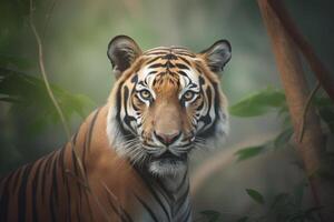 een dichtbij omhoog van een Bengalen tijger gezicht in een Woud. ai gegenereerd foto