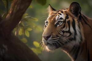 een dichtbij omhoog van een Bengalen tijger gezicht in een Woud. ai gegenereerd foto
