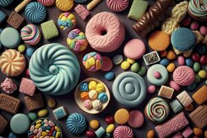 achtergrond van kleurrijk snoepjes. generatief ai. foto