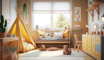 natuurlijk, helder kinderen slaapkamer interieur met houten meubilair, ontwerper accessoires en posters Aan een wit muur, generatief ai foto