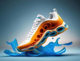 futuristische tennis schoen concept, oranje en blauw, vloeistof het formulier, commercieel foto, generatief ai foto