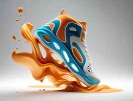 futuristische tennis schoen concept, oranje en blauw, vloeistof het formulier, generatief ai foto