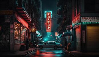 humeurig monochroom visie van doeners straat door nacht, in nyc chinastad, genererend ai foto