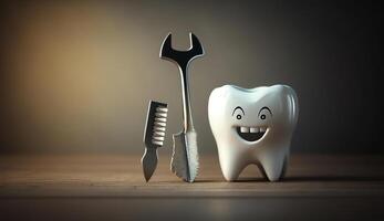 wit gezond tand, verschillend gereedschap voor tandheelkundig zorg, generatief ai foto