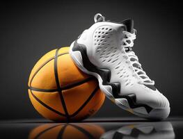 basketbal rechtbank met bal en schoenen, generatief ai foto