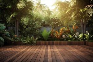 houten verdieping met tropisch achtergrond. illustratie ai generatief foto