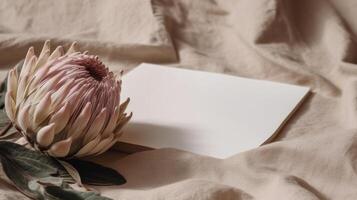 droog protea bloem met blanco papier kaart. luxe achtergrond. illustratie ai generatief foto