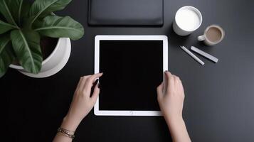 minimalistische achtergrond met tablet pc. illustratie ai generatief foto