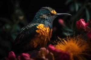 gekleurde tropisch vogel en mooi surrealistische bloemen. generatief ai foto