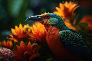 gekleurde tropisch vogel en mooi surrealistische bloemen. generatief ai foto