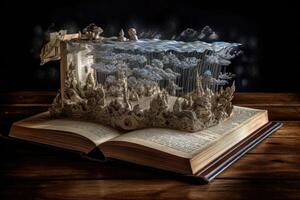 oud magie boek Aan houten tafel met spreuken en water wereld. fantasie of aan het leren concept. generatief ai foto