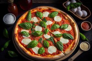 traditioneel pizza margherita met olijf- olie. Italiaans eigengemaakt pizza met Mozzarella en basilicum bladeren. generatief ai foto