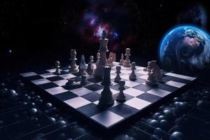 ruimte bord intellectueel spel schaken. spel standen van figuren. ai gegenereerd. foto