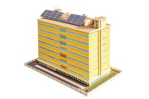modern hoogbouw geel stedelijk huis met zonne- panelen Aan de dak Aan een wit achtergrond, isoleren. ai gegenereerd. foto