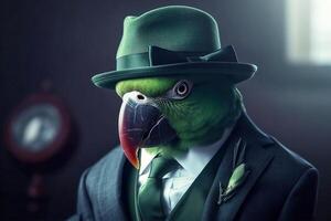 Dhr groen papegaai heer in baas hoed en wetenschapper. ai gegenereerd. foto