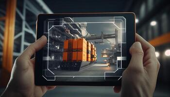 handen Holding tablet controle voor logistiek importeren exporteren achtergrond foto