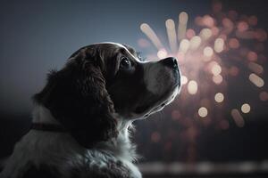 hond bang door vuurwerk. ai gegenereerd. foto