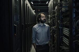 mannetje ingenieur in server kamer. gegevens centrum onderhoud. generatief ai foto