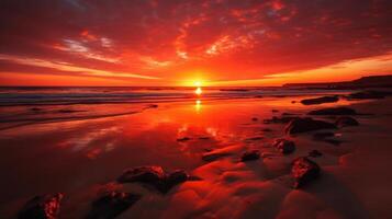 landschap oranje avond zonsondergang lucht over- de kalmte spiegel oppervlakte van de zee generatief ai foto