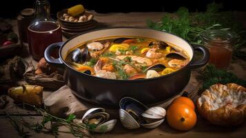 Thais voedsel heet pot zee soep met mosselen en garnalen generatief ai foto
