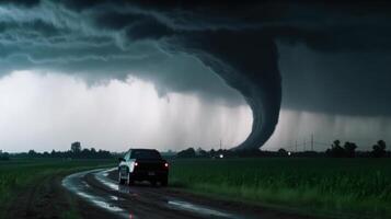 een donker wolk met een tornado veegt door de dorp generatief ai foto