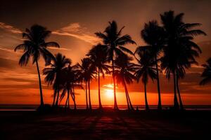 palm bomen Aan de strand Bij zonsondergang. ai gegenereerd foto