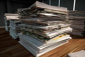 stack papier document belasting rapporten in kantoor tafel generatief ai foto