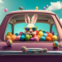 schattig Pasen konijn met zonnebril op zoek uit van een auto gearchiveerd met Pasen eieren, ai generatief foto