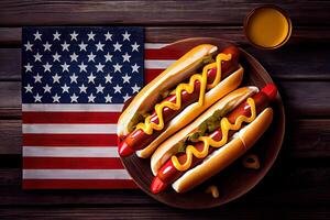Verenigde Staten van Amerika nationaal vakantie arbeid dag, gedenkteken dag, vlag dag, 4e van juli - heet honden. generatief ai foto
