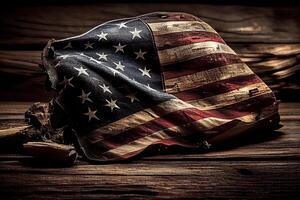 gevouwen Verenigde Staten van Amerika vlag Aan houten structuur achtergrond. gelukkig arbeid dag. generatief ai foto