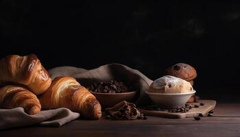 croissants en brood kader met kopiëren ruimte. generatief ai foto