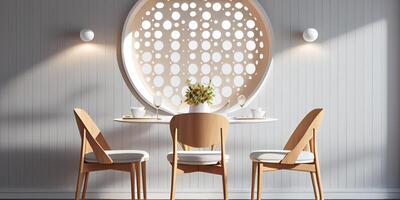 interieur ontwerp met houten ronde tafel en stoelen. modern dining kamer met wit muur. cafe, bar of restaurant interieur ontwerp. huis interieur . ai gegenereerd foto