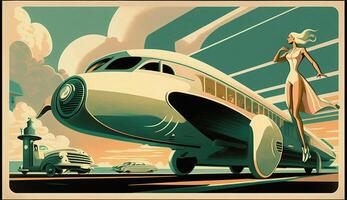 illustratie van vrouw en vervoer met toekomst technologie in retro futuristische Jaren 30 stijl poster ,generatief ai foto