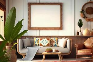 mockup kader in nomadisch boho interieur achtergrond met rustiek decor . ai gegenereerd foto