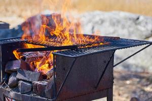 vuur in een roestige vintage grill buiten met onscherpe achtergrond