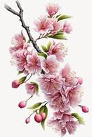 generatief ai illustratie van realistisch sakura of kers bloesem, Japans voorjaar bloem sakura, roze kers bloem Aan wit achtergrond foto