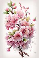 generatief ai illustratie van realistisch sakura of kers bloesem, Japans voorjaar bloem sakura, roze kers bloem Aan wit achtergrond foto