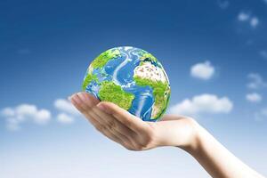 hand- Holding groen aarde geïsoleerd Aan blauw lucht achtergrond, moeder aarde dag illustratie. ai gegenereerd foto