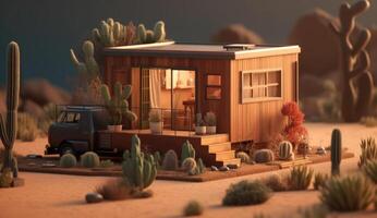 fotorealistisch fantasie huis in de woestijn, uitgerust met zonne- panelen voor duurzame energie oplossingen. generatief ai foto