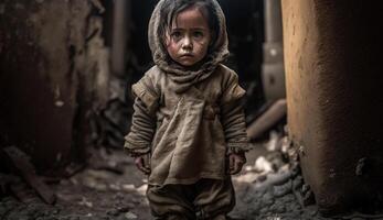 dakloos kinderen van oorlog slachtoffers, klein kinderen met verdrietig uitdrukkingen, generatief ai foto