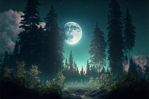 Woud met moonrise tussen de bomen avond lucht maan. generatief ai foto