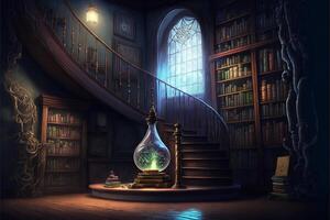 tovenaars school- kamer magisch boeken drijvend. generatief ai foto
