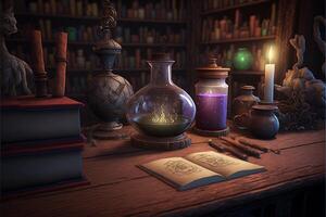 tovenaars school- kamer magisch boeken drijvend. generatief ai foto